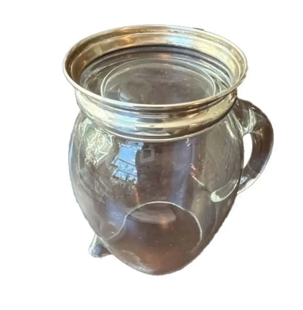 Vintage Clear Glass Pitcher with Etched Monogram ELR and Silver-Tone Base